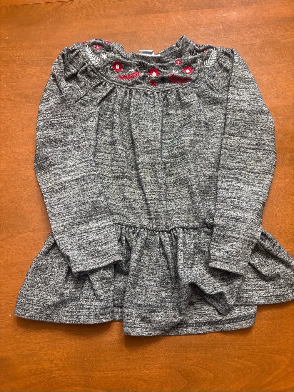 Girls' Gray Embroidered Yoke Long-Sleeve Peplum Top